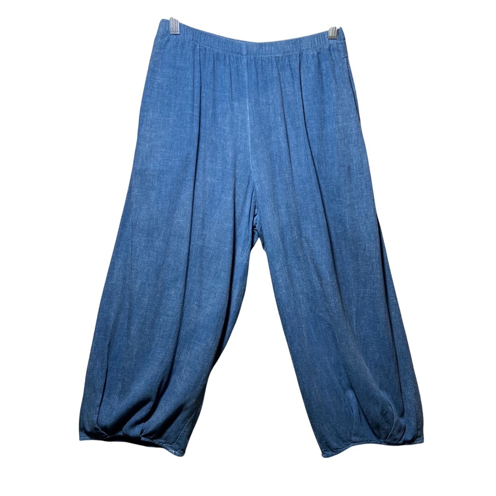 Kleen Balloon Harem Pants Blue Elastic Waist Cropped Small Lagenlook Pull On